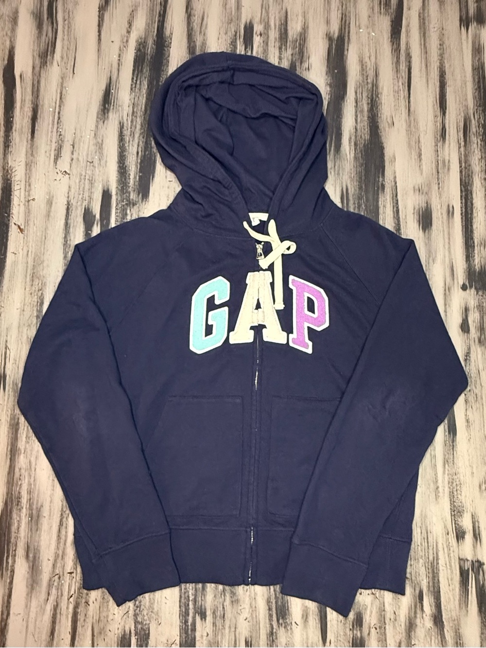 GAP Navy Zip Hoodie with Pastel Colorblock Logo Size Large